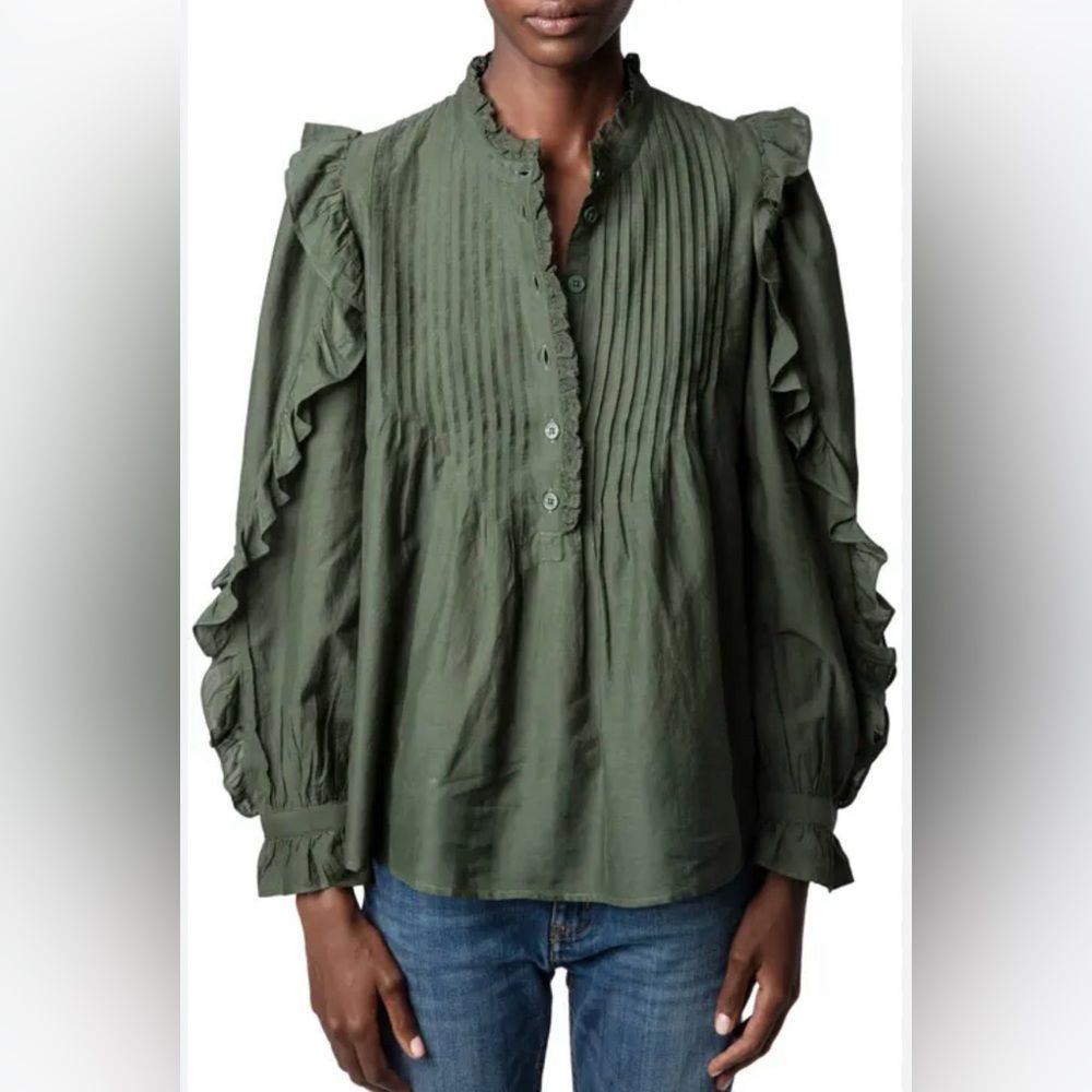 Zadig & Voltaire Timmy Tomboy Ruffle And Lace Sheer Shirt In Kaki